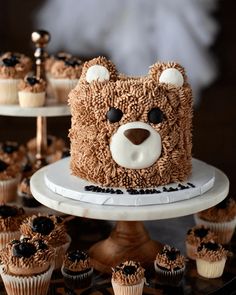 a teddy bear cake and cupcakes on a table