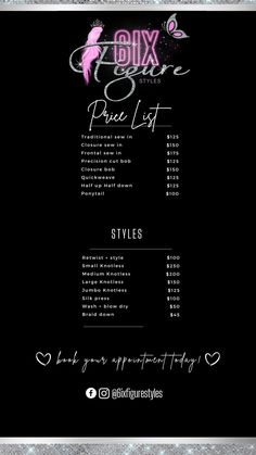 hairstylist price list on canva Hair Stylist Pricing List, Hairstylist Promotion Ideas, Hairstylist Username Ideas, Business Price List Design, Hairstylist Names Ideas Instagram, Hairstyle Price List, Hairstyle Prices, Hair Price List Ideas, Hairstylist Price List