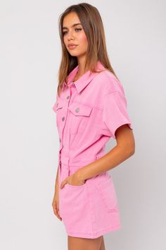 Flaunt your style with this short-sleeved pink denim romper! Flatter your figure with a cinched waist and you'll be the star of any festival or concert! Model Sizing Info: Pretty true-to-size but if you are hovering between sizes, we recommend sizing up. Model is wearing a size small. Height: 5'8" Bust: 32A Waist: 24" Hips: 34" Fabric Content: 100% Cotton Pink Denim Romper, Jean Rose, Western Trend, Pink Denim, Pink Rompers, Denim Outerwear, Sequin Shorts, Denim Romper, 7th Grade