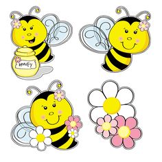 four cartoon bees with flowers and honey jars