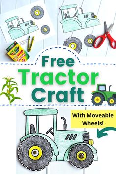 tractor paper craft, free printable tractor craft with moveable wheels Cow Art Activities Preschool, Fun On The Farm Preschool, Farm Equipment Activities For Preschool, Farm Themed Stem Activities, Preschool Tractor Activities, Farm Art For Preschoolers, Tractor Printables Free, Barn Crafts For Kids