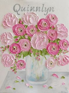 a painting of pink flowers in a vase with the words quiinny on it