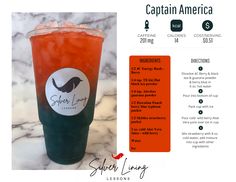 the captain america drink is on display for people to see it's price list