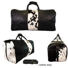 Rodeo's Genuine Cowhide Weekender Duffel: The Epitome of Chic and Sturdy Travel Style This weekender duffel carry on bag by RODEO is made of genuine cowhide and sturdy leather, chic, stylish, perfect size for a weekend getaway trip! Size: 23x12x10 in Black Leather Rectangular Duffle Bag, Black Leather Rectangular Weekender Bag, Black Leather-lined Weekender Bag For Overnight Trips, Black Weekender Bag With Leather Lining For Overnight Trips, Black Leather Travel Bag With Leather Trim, Black Leather Weekender Bag With Leather Trim, Black Leather Travel Bag For Overnight Trips, Black Leather Shoulder Bag For Overnight Trips, Cowhide Rugs