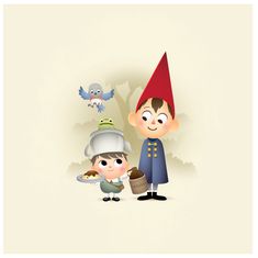 an image of two children dressed up as gnomes with food and birds in the background