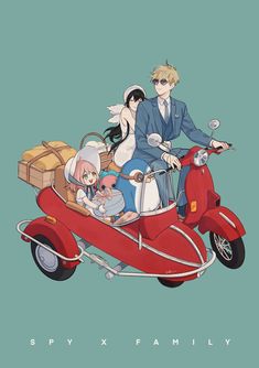 an anime character riding on a motorcycle with two women and one man in the back