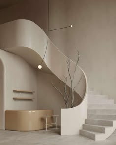 a white staircase with a plant in the center