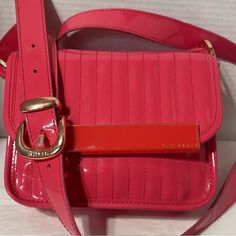 Hot Pink Sophisticated Crossbody Taking Summer To An Elegant And Fun Level! Bag Closes With A Flap And Snap Signature Frenchy Nylon Lining Goldtone, Marked Hardware Buckle Adjustment Inside Line With The Nylon Satin Frenchie 8” X 6 1/2” X 2” Crossbody Strap To Approximately 25 Inch Drop Ted Baker Bag, Crossbody Strap, Ted Baker, Patent Leather, Hot Pink, Bag Lady, Buckle, Satin, Leather