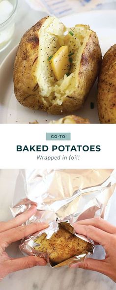 baked potatoes wrapped in foil on a white plate with text overlay that reads goto baked potatoes wrapped in foil