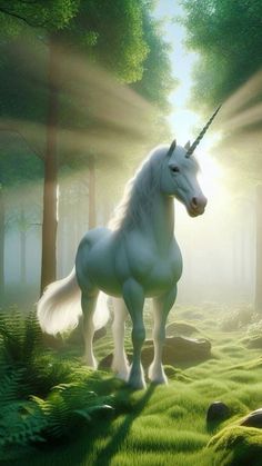 a white unicorn standing in the middle of a forest with sunlight streaming through its ears