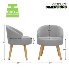 two grey chairs with wooden legs and measurements