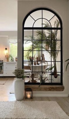 a living room filled with furniture and a large window covered in plants on top of a rug