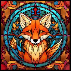 a stained glass window with a fox in the center