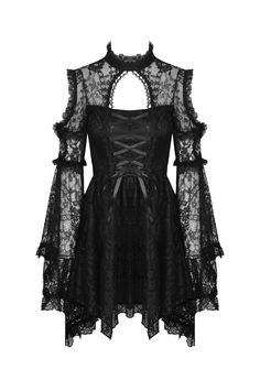 Pull off a sexy gothic look with this black lace dress with long bell sleeves. it is flirty and perfect for a night fun out! grab one today! Spring Gothic Off-shoulder Dress, Spring Off-shoulder Gothic Dress, Gothic Style Dress With Lace Patchwork, Gothic Dresses With Lace Patchwork, Spring Gothic Lace Dress, Gothic Dress With Sheer Long Sleeves, Gothic Lace Mini Dress, Gothic Long Sleeve Mini Dress With Ruffles, Gothic Lace Mini Dress For Night Out