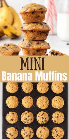 mini banana muffins stacked on top of each other