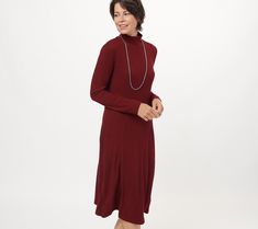 When you're just not feeling pants (can't blame you!), throw on this sweater rib knit midi dress and look polished in one go. From Susan Graver. Ribbed Turtleneck Midi Dress For Fall, Fall Ribbed Turtleneck Midi Dress, Fall Turtleneck Ribbed Midi Dress, Dress For Petite Women, Look Polished, Petite Sweaters, Susan Graver, Mock Neckline, Knit Midi