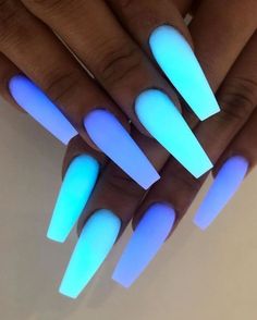 Mermaid Inspired Nails Acrylic, 2023 Neon Nails, Dark Acrylic Nails, Periwinkle Nails, Glow In The Dark Nails, Luminous Nails