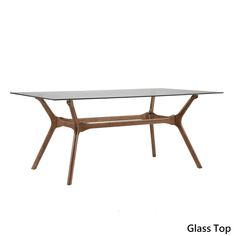 a glass top table with wooden legs and a white back dropper on the bottom