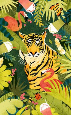 an image of a tiger surrounded by tropical plants and flowers on a green background with flamingos