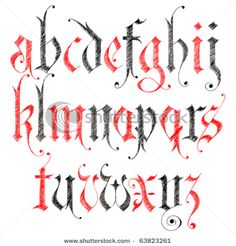 an old english alphabet with red ink