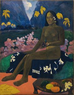 a painting of a woman sitting on top of a blue blanket next to fruit and flowers