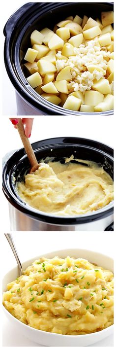 three pictures showing how to make mashed potatoes in the crock pot