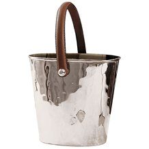 a silver bucket with brown handles on a white background