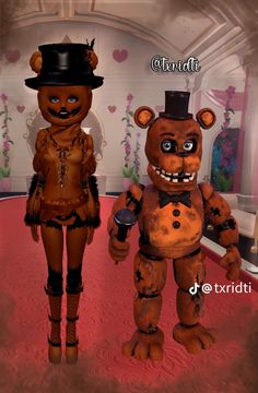 two brown teddy bears dressed in costumes and hats standing next to each other on a red carpet