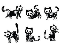 six black and white images of cats in different poses, each with a skeleton on it's back