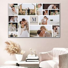 a collage of photos with the letter m on it is hanging in a living room