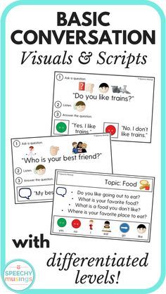 three different types of conversation cards with the text,'basic conversation visual & scripts '