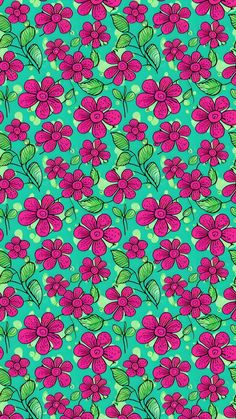 an image of a flower pattern on a blue background with pink flowers and green leaves