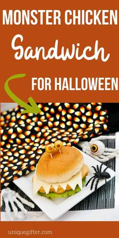 a sandwich on a plate with the words monster chicken sandwich for halloween