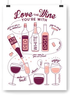 a poster with wine bottles and glasses on it that says love the wine you're with