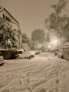 a snow covered street with cars parked on the side and trees in the back ground