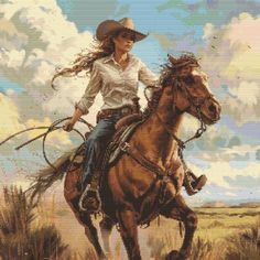 a cross stitch picture of a woman riding a horse in the desert with her lasso