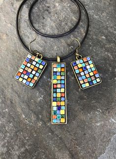 Multicolor Square Jewelry For Gifts, Multicolor Square Jewelry Gift, Bohemian Square Multicolor Jewelry, Mosaic Pendants, Boho Pendant Necklace, Mosaic Jewelry, Micro Mosaic, Festival Style, Boho Pendant