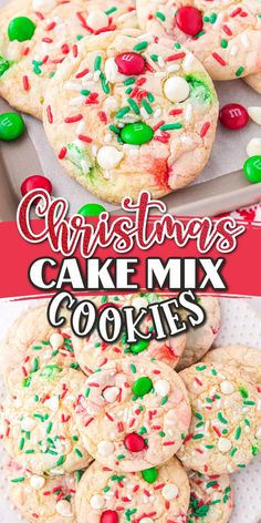 christmas cake mix cookies with candy and sprinkles on the top are shown