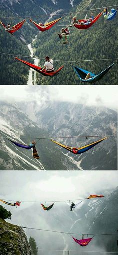 there are many different pictures of hammocks in the air above water and mountains