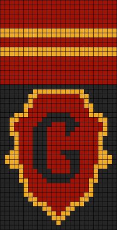 a cross stitch pattern with the letter c in red, yellow and black colors on it