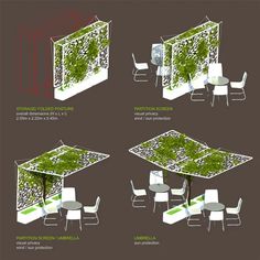 four different views of an outdoor dining area with tables, chairs and plants growing on the walls