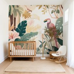 a baby's room with tropical wallpaper and a white crib in the foreground