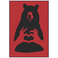 a bear is making a heart with his hands while sitting in front of a red background