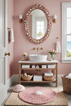 a bathroom with pink walls and flooring, a round mirror above the sink and two wicker baskets on the floor