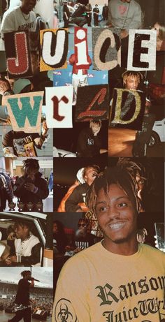 a collage of photos with people in the background and words that spell out justice