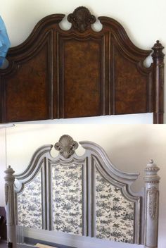 an old bed with ornate headboard and foot board