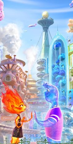 two cartoon characters standing in front of a futuristic city