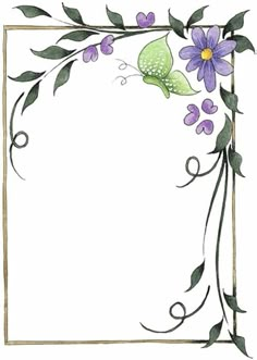 a square frame with purple flowers and green leaves on the edges, in front of a white background