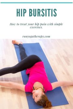 a woman in pink shirt and black leggings doing yoga on blue mat with text overlay