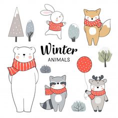 winter animals with scarfs and mittens in cartoon style, hand drawn on white background